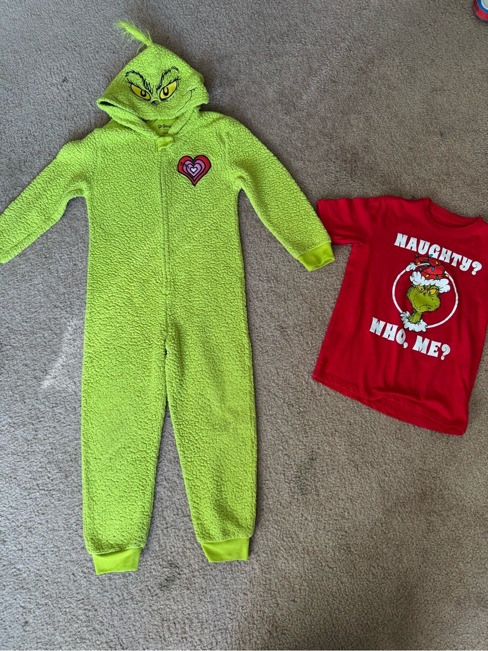 Grinch Green Kids One-Piece Hooded Fleece Pajamas & shirt size 8
